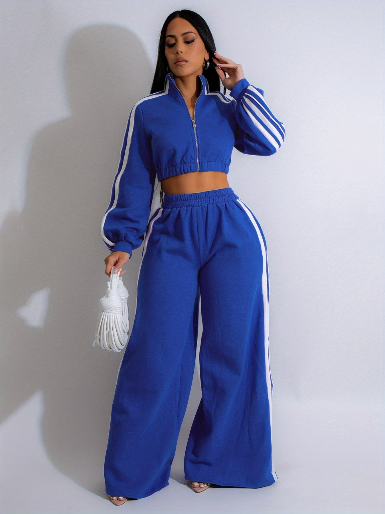 Autumn Striped Long-Sleeved Two-Piece Set - Contrasting Color Zipper Thickened Sweatshirt Casual Commuting Set, Solid Color Striped Side Trim, Elastic Short Top, Comfortable Straight-Leg Pants