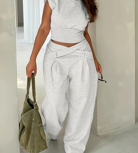 Long Sleeve Loose Top Polyester Blend Women Casual Solid Color Ribbed Pantsuit Set