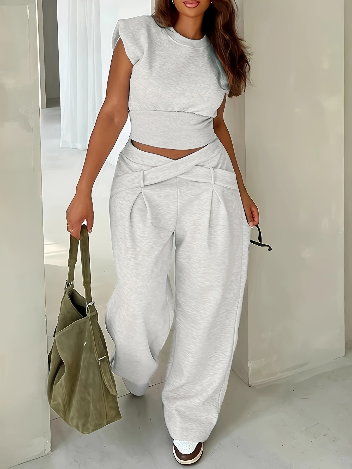 Long Sleeve Loose Top Polyester Blend Women Casual Solid Color Ribbed Pantsuit Set