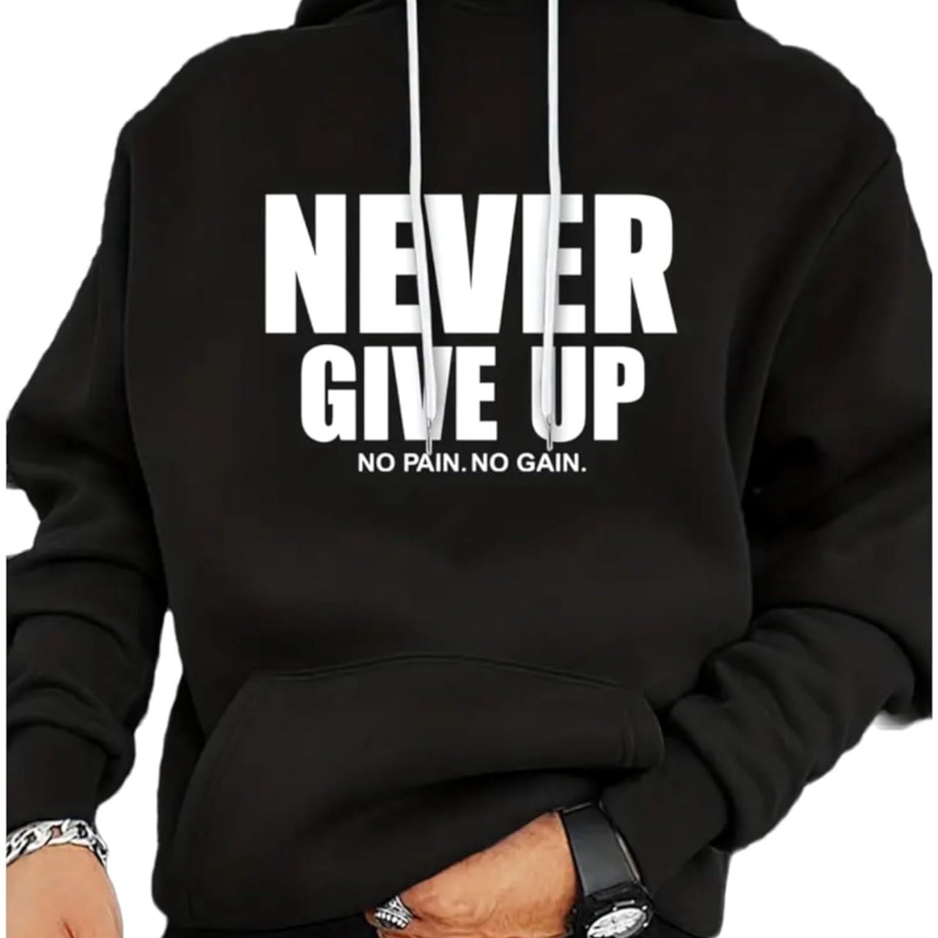 Men Never Give Up Motivational Cotton Hooded Sweatshirt Black with White Lettering Super Soft Breathable Streetwear Pullover Regular Fit All Season Casual Hoodie for Daily Wear