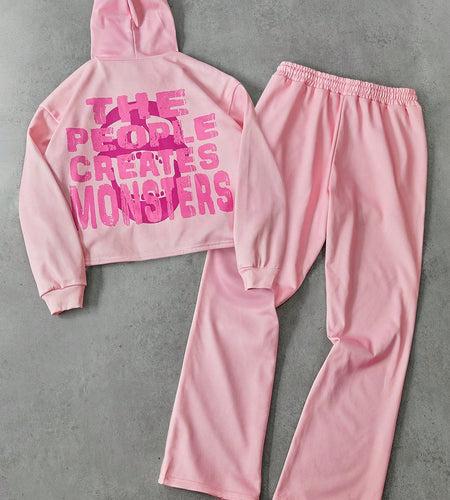 Men's Street Style Hooded Sweatshirt Set Fun Dark 3D Cartoon Monster Pattern Oversized Prints on The Front and Back Give It A Rock Vibe