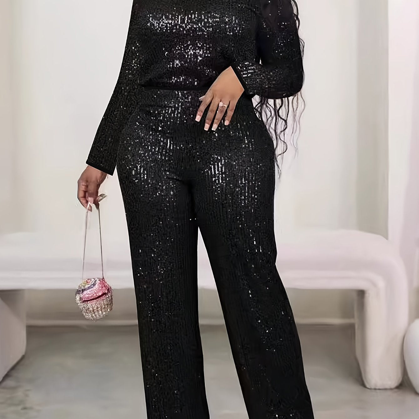 Women Casual Outfit Set, Chic Sequin Long Sleeve Top & Solid Color Pants, Round Neck, Machine Washable