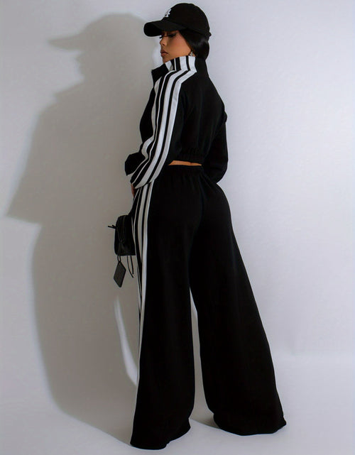 Load image into Gallery viewer, Autumn Striped Long-Sleeved Two-Piece Set - Contrasting Color Zipper Thickened Sweatshirt Casual Commuting Set, Solid Color Striped Side Trim, Elastic Short Top, Comfortable Straight-Leg Pants
