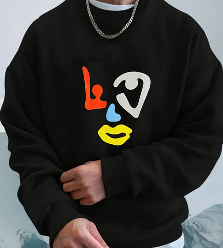 Men's Contrast Abstract Face Pattern round Neck Sweater Hip-hop Retro Street Style  Front Printed Long Sleeve for Autumn Winter