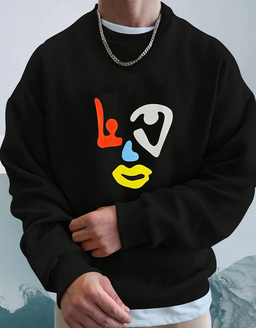 Load image into Gallery viewer, Men&#39;s Contrast Abstract Face Pattern round Neck Sweater Hip-hop Retro Street Style  Front Printed Long Sleeve for Autumn Winter
