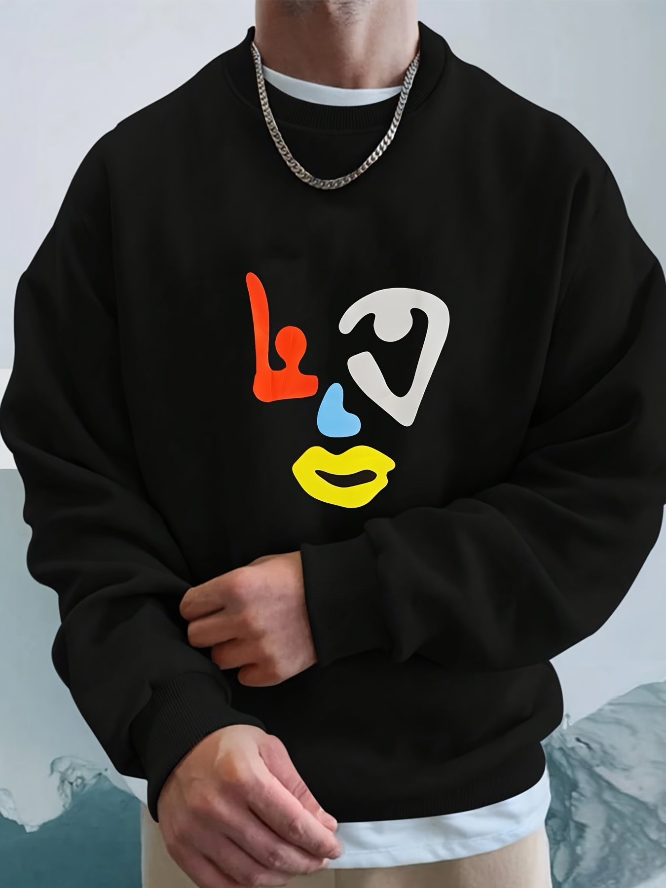 Men's Contrast Abstract Face Pattern round Neck Sweater Hip-hop Retro Street Style  Front Printed Long Sleeve for Autumn Winter