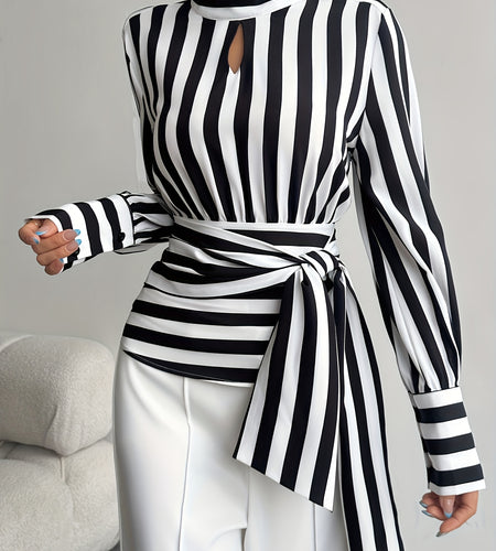 Women Elegant Striped High Neck Lace-Up Blouse with Back Zipper & Adjustable Waist Tie - Black/White/Gray Horizontal Stripes Shirt Jacket-like Top  (Machine Washable)