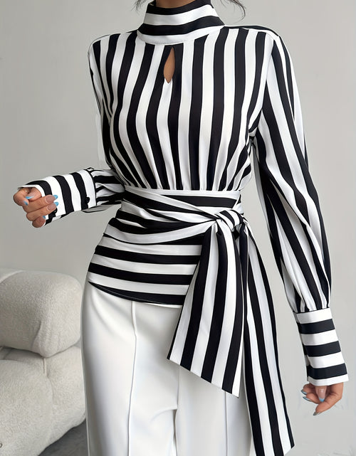 Load image into Gallery viewer, Women Elegant Striped High Neck Lace-Up Blouse with Back Zipper &amp; Adjustable Waist Tie - Black/White/Gray Horizontal Stripes Shirt Jacket-like Top  (Machine Washable)
