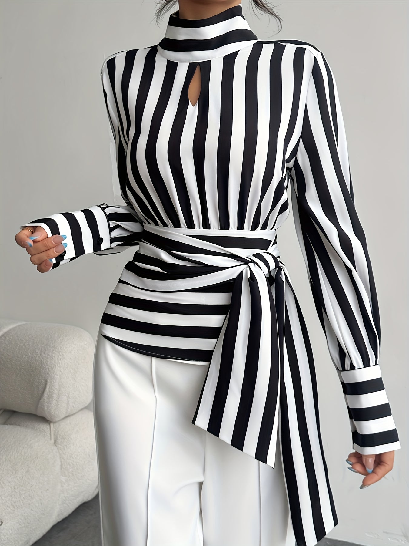 Women Elegant Striped High Neck Lace-Up Blouse with Back Zipper & Adjustable Waist Tie - Black/White/Gray Horizontal Stripes Shirt Jacket-like Top  (Machine Washable)