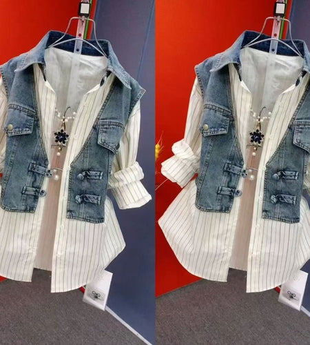 Women Easy on Denim Shacket, Featuring a No Zipper Button Design with a Two-Layer Appearance, Casual Blazer for Spring 2026  Versatile Plus Size Outerwear