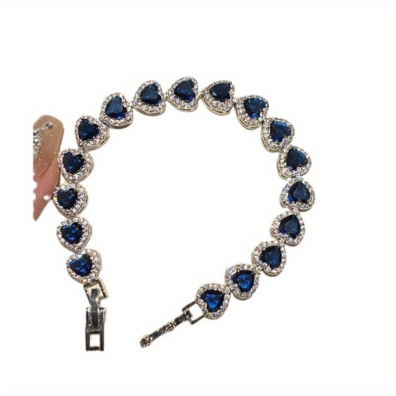 Vintage-Inspired Dark Blue Heart Zirconia Bracelet - French Royal Style, Luxurious Alloy with Cubic Zirconia Accents