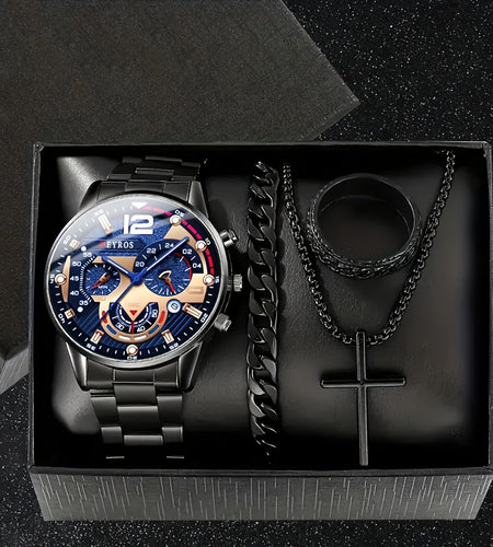 4pcs Men Stainless Steel Watch & Jewelry Set - Quartz Watch, Bracelet, Necklace, Ring With Gift Box - Versatile For Casual & Formal Occasions -