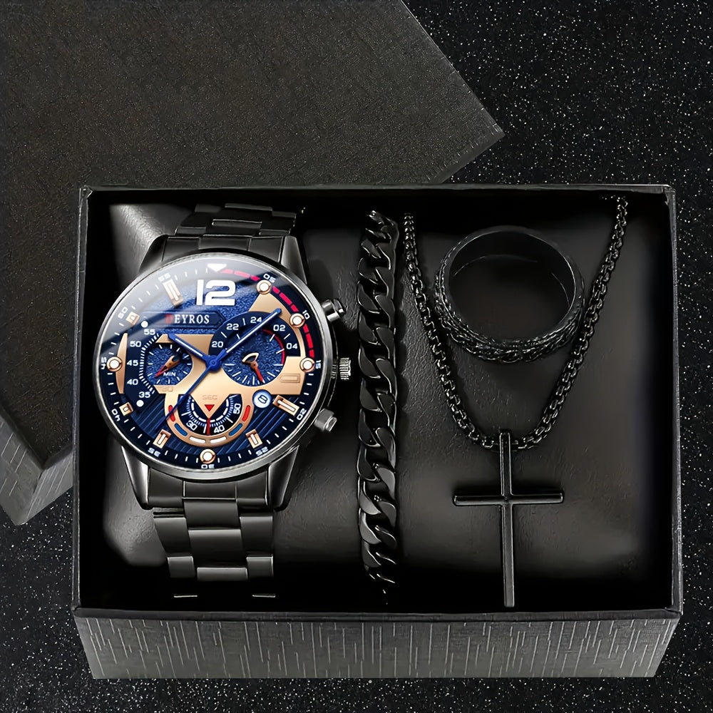 4pcs Men Stainless Steel Watch & Jewelry Set - Quartz Watch, Bracelet, Necklace, Ring With Gift Box - Versatile For Casual & Formal Occasions -