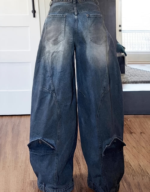 Load image into Gallery viewer, Women Cross-Buckle High Waist Pants - Asymmetrical Open Wide Leg Street Style Jeans, Vintage Tooling Casual Loose Pants with Pockets
