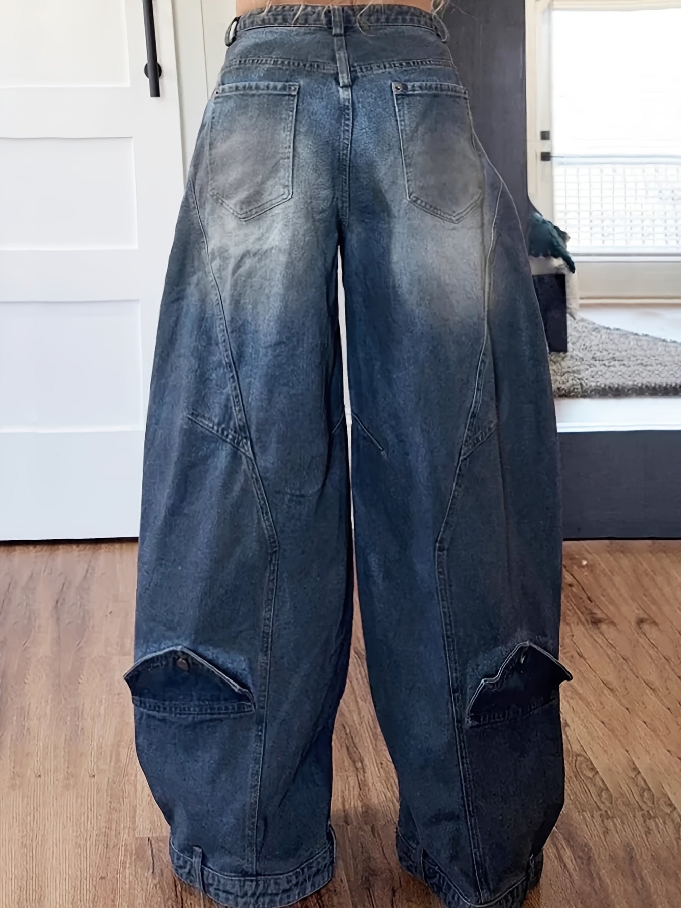 Women Cross-Buckle High Waist Pants - Asymmetrical Open Wide Leg Street Style Jeans, Vintage Tooling Casual Loose Pants with Pockets