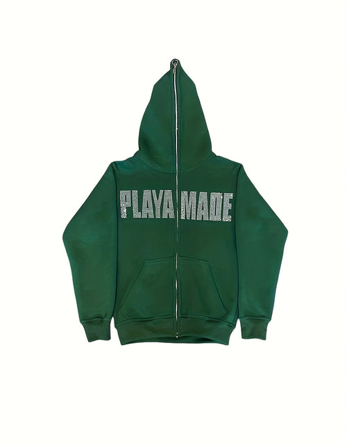 Load image into Gallery viewer, Women&#39;s Y2K  Hoodie with &quot;MONEY NEVER CHEATS&quot; Rhinestone Lettering - Emerald Green Zip-Up Sweatshirt, Front &amp; Back Sparkling Diamond Print, Machine Washable Regular Fit, All season Sweatshirt
