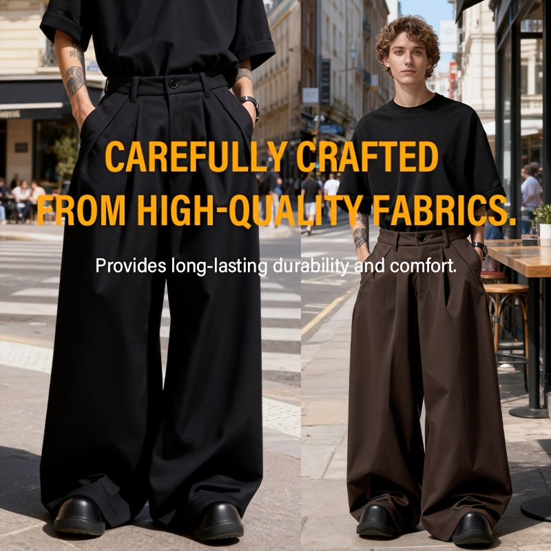 Men Loose Silhouette Solid Color With Pockets Pleated Pants Super Loose Pants Simple, Wide Leg Pants , Solid Color Pants - Elegant Wide Leg Pants