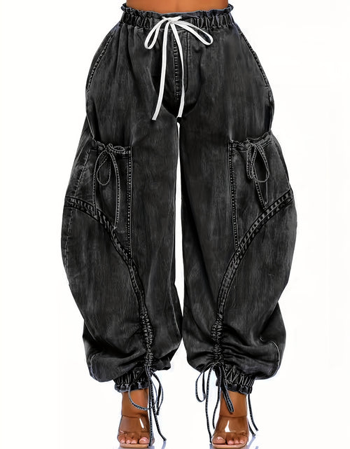 Load image into Gallery viewer, Women Baggy Denim Harem Pants - Elastic Drawstring Waist Wide Leg Jeans With Bow Tie &amp; Pockets  (Vintage Distressed Wash)
