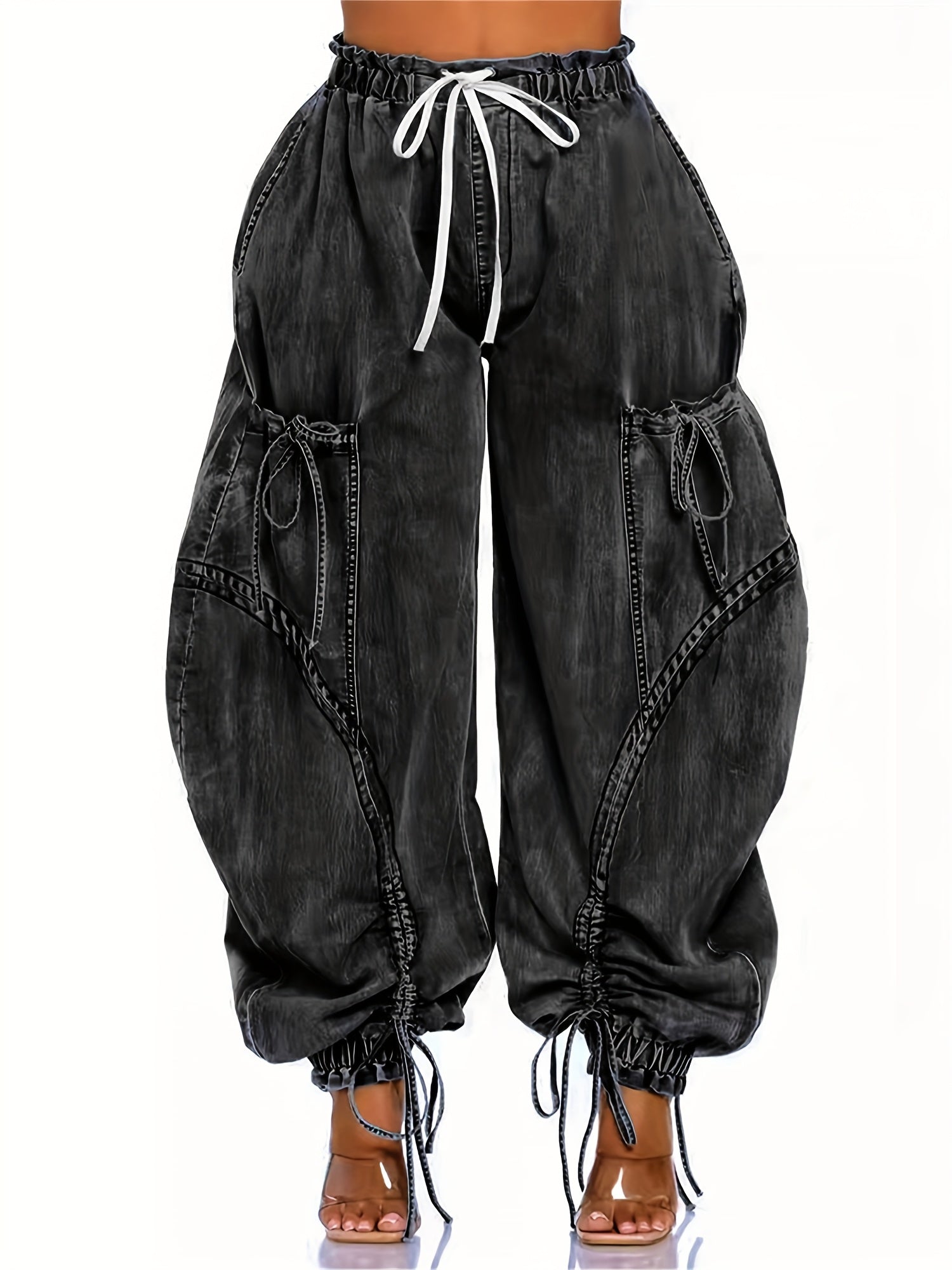 Women Baggy Denim Harem Pants - Elastic Drawstring Waist Wide Leg Jeans With Bow Tie & Pockets  (Vintage Distressed Wash)