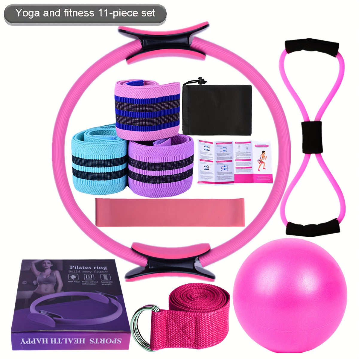 11pcs Yoga Fitness Set, Elastic Band, Latex Hip Band, Latex Resistance Band, Yoga Ball, Stretching Band, for Pilates, Abdominal Band for Hip Exercise, Yoga Ball for Stretching