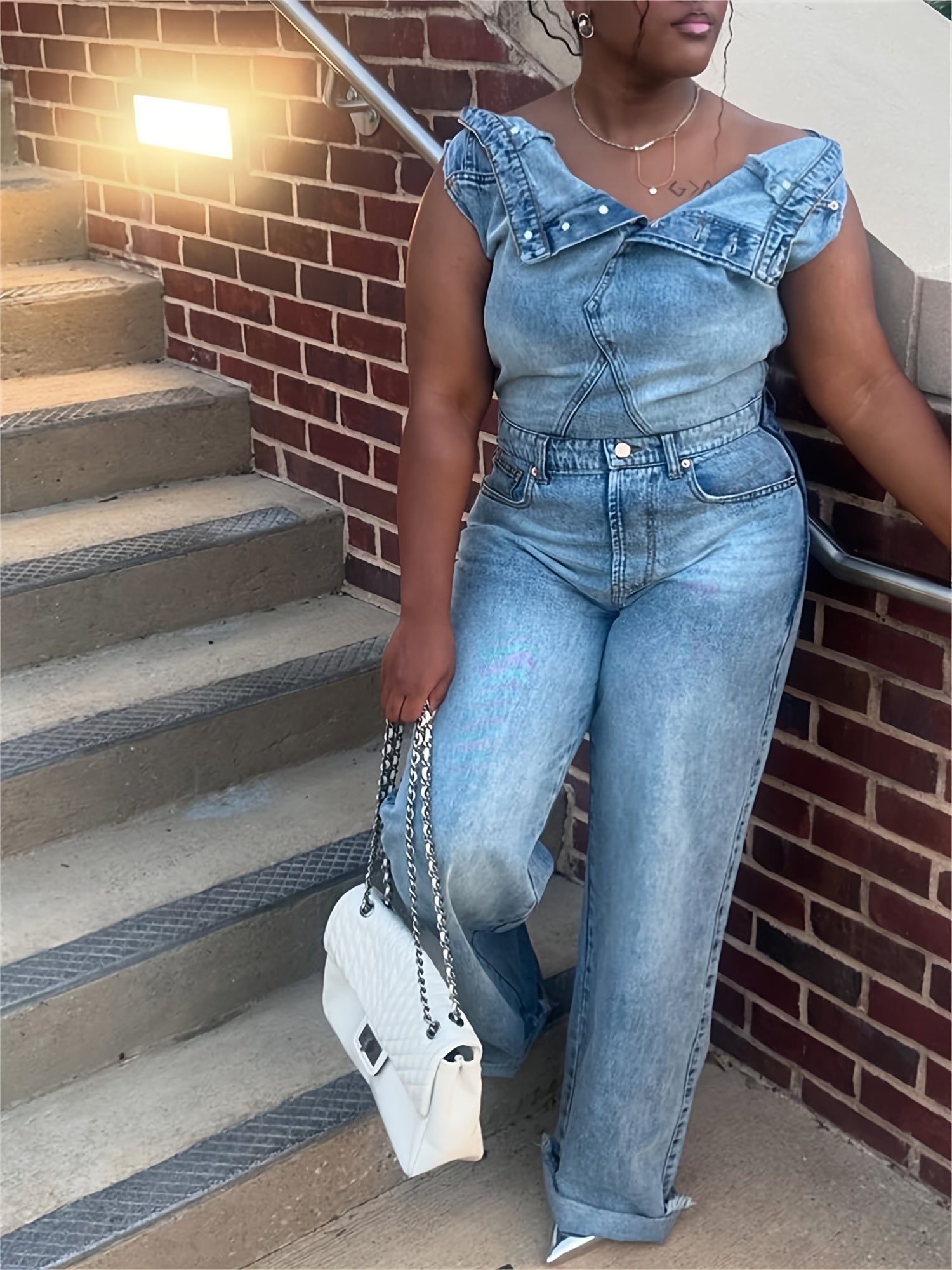 Women's Denim Jumpsuit - Y2K Inspired, Distressed Blue, Wide Leg, Asymmetrical Hem, Vintage 90s Style