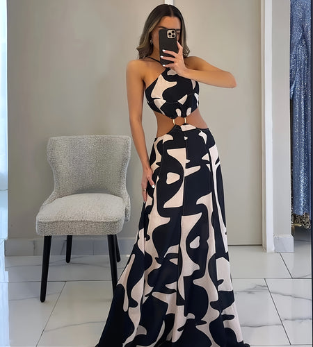 Sleek & Sexy Black And White Geometric Print Maxi Dress for Women - Metallic Ring Detail, Sleeveless, High-Low Hem, Stretchy, Perfect for Spring/Summer, Versatile Fashion | Modern Fashion | Strapless Design