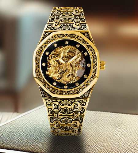Fashionable Men Golden Steel Band Gorgeous Dragon Carved Fully Automatic Mechanical Watch, Without Battery