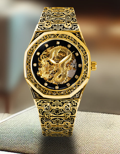 Load image into Gallery viewer, Fashionable Men Golden Steel Band Gorgeous Dragon Carved Fully Automatic Mechanical Watch, Without Battery
