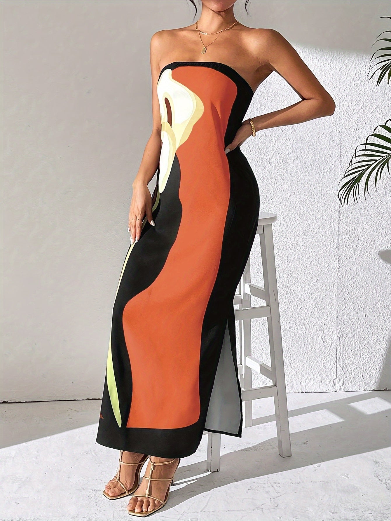 Women'S Spring And Summer Casual Elegant Women'S Avocado Print Strapless Midi Dress