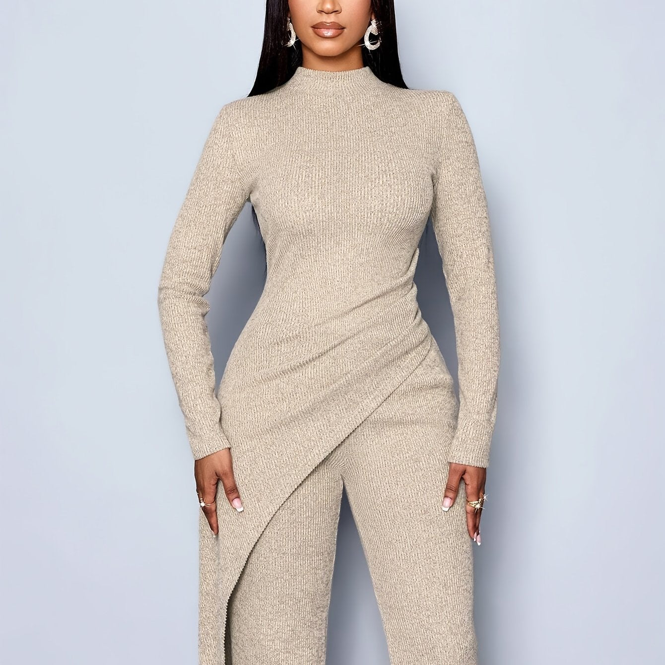 Ladies' Elegant Minimalist Asymmetrical  High-Neck Shirt Long Pants Set