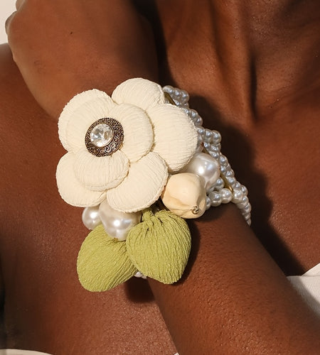 Pearl Bohemian Flower Elegant Multi-Layer Pearl and Polyester Flower Bohemian Bracelet for Any Occasion