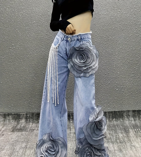 Women Mid-Waist Wide-Leg Jeans, Adorned with 3D Flowers And Pearl Pendant Chains, Are Stylish And Versatile Denim Pants Suitable for All Seasons And Various Occasions