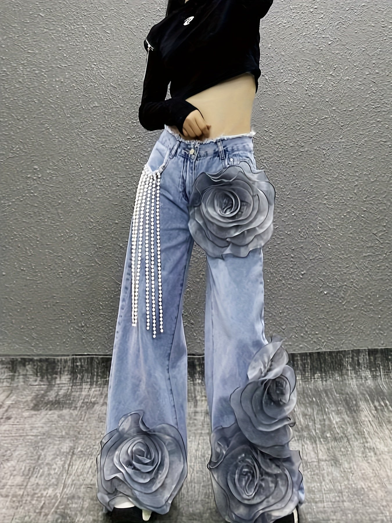 Women Mid-Waist Wide-Leg Jeans, Adorned with 3D Flowers And Pearl Pendant Chains, Are Stylish And Versatile Denim Pants Suitable for All Seasons And Various Occasions