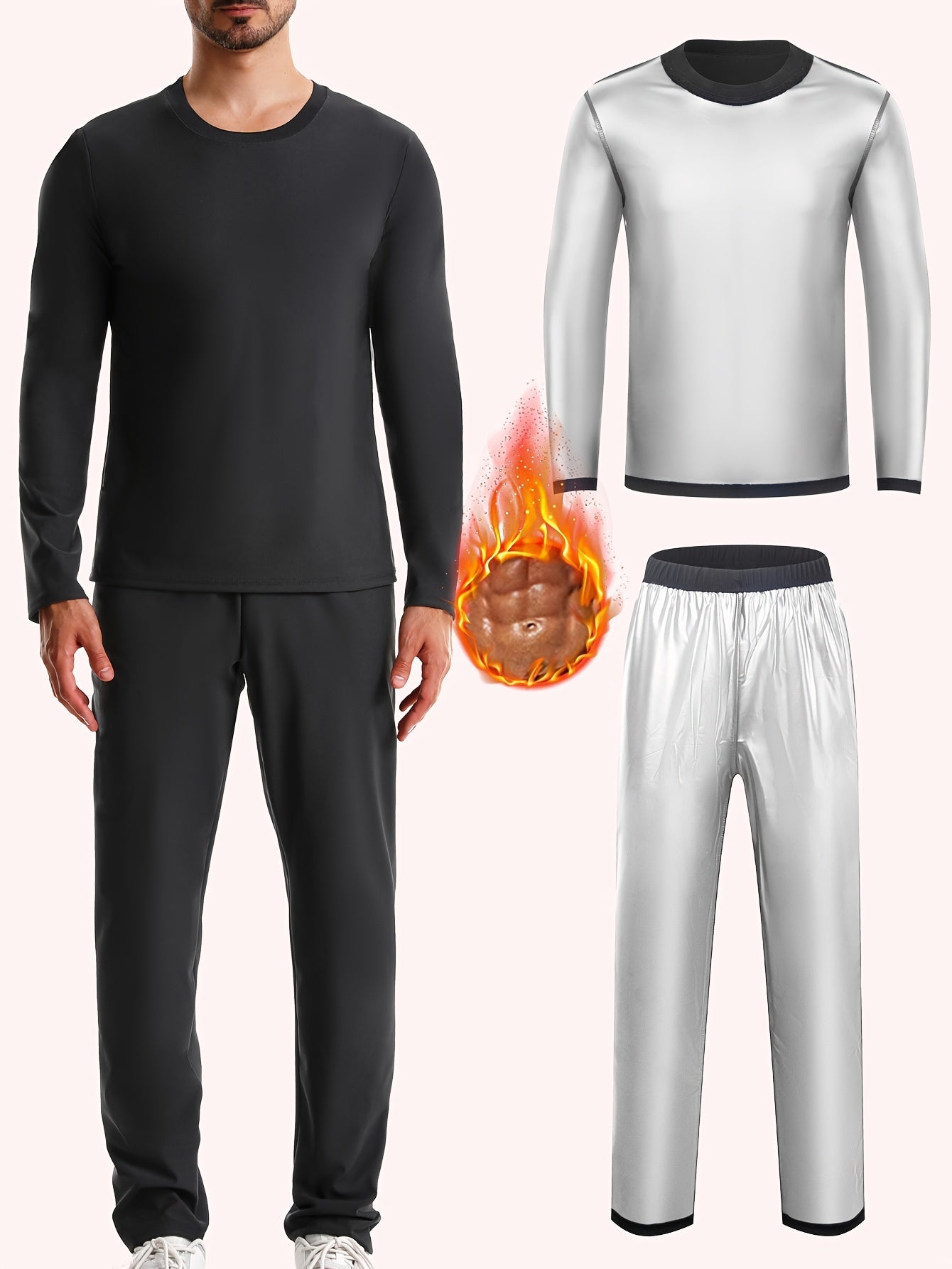 Men's 2pcs Sweat Suit,  Knit Fabric, Crew Neck Long Sleeve & Pants, Quick Sweat Gym Workout Outfit, Universal Fit for Training & Yoga, Solid Color, Slight Stretch, All Seasons