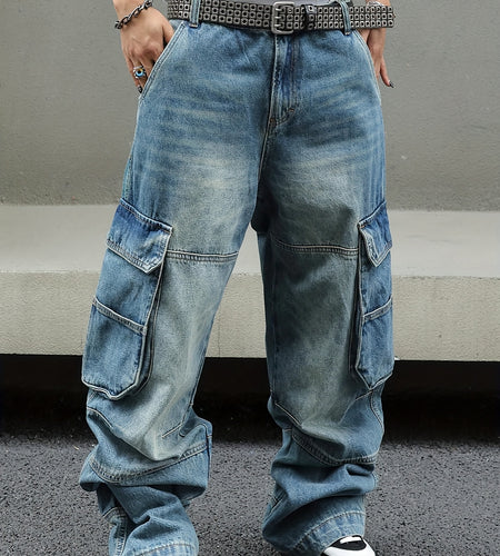 Men Vintage Washed Denim Cargo Pants - Loose Fit Wide-Leg Jeans with Multi-Pocket Storage, Distressed Details, Mid-Rise Design for Streetwear Style, Casual Outings, and All-Season Wear, Casual Attire, Flap Pockets