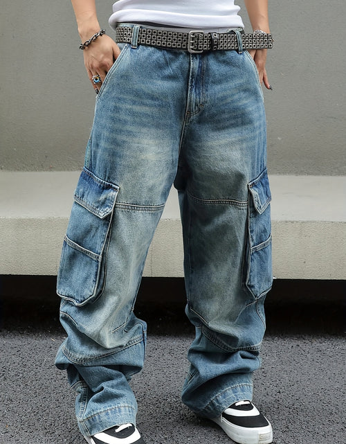 Load image into Gallery viewer, Men Vintage Washed Denim Cargo Pants - Loose Fit Wide-Leg Jeans with Multi-Pocket Storage, Distressed Details, Mid-Rise Design for Streetwear Style, Casual Outings, and All-Season Wear, Casual Attire, Flap Pockets
