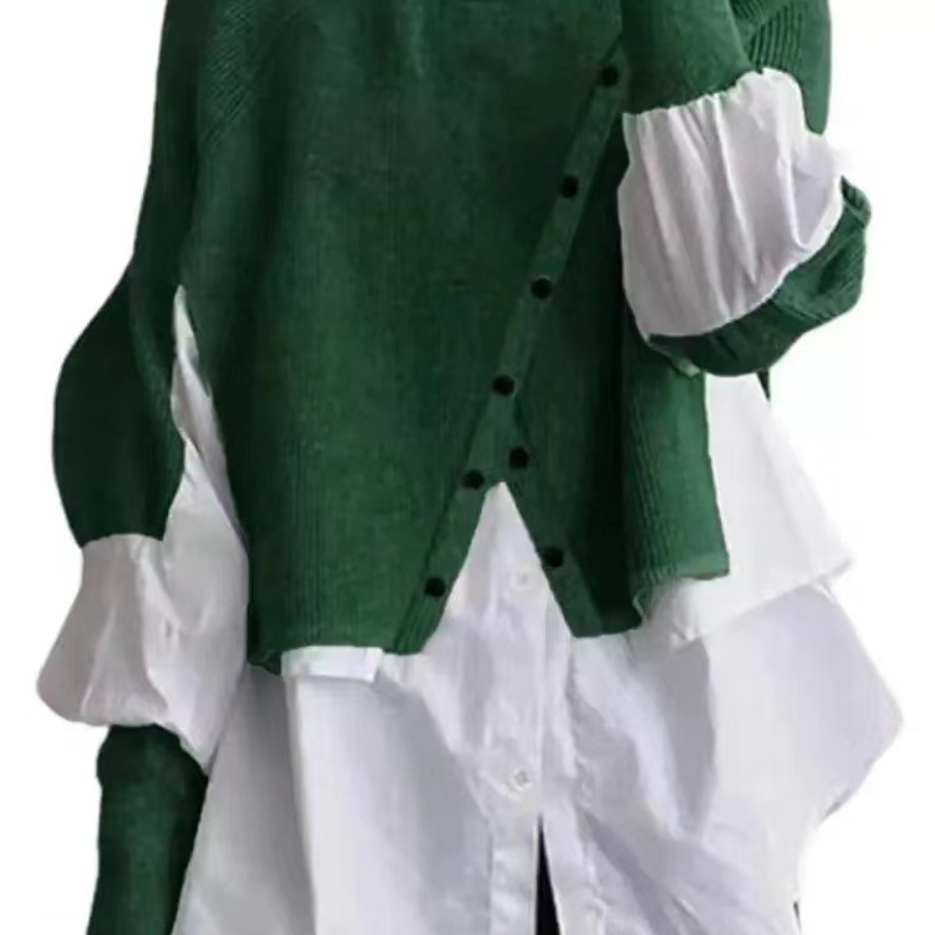 Elegant Two-Piece Sweater Shirt with Puffed Sleeves & Button Front - Long Sleeve Round Neck All-Season Machine Washable Solid Color Outerwear