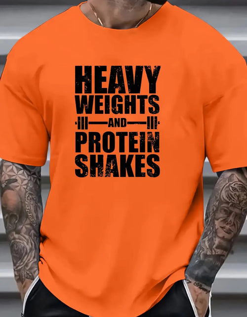 Load image into Gallery viewer, Men Heavy Weights &amp; Protein Shakes Gym T-Shirt  Retro Bodybuilding Tee, Machine Washable Workout Shirt for Weightlifting &amp; Casual Streetwear - Black with White Text Design, Fitness Apparel, Vintage Fitness Style, High quality
