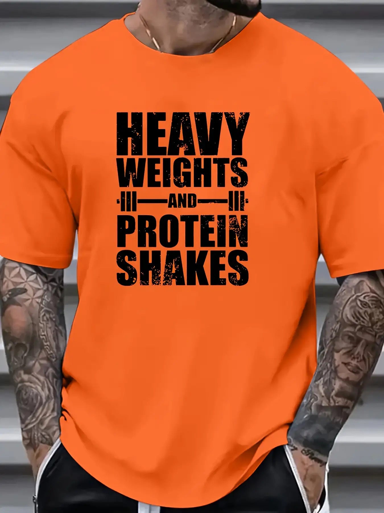Men Heavy Weights & Protein Shakes Gym T-Shirt  Retro Bodybuilding Tee, Machine Washable Workout Shirt for Weightlifting & Casual Streetwear - Black with White Text Design, Fitness Apparel, Vintage Fitness Style, High quality