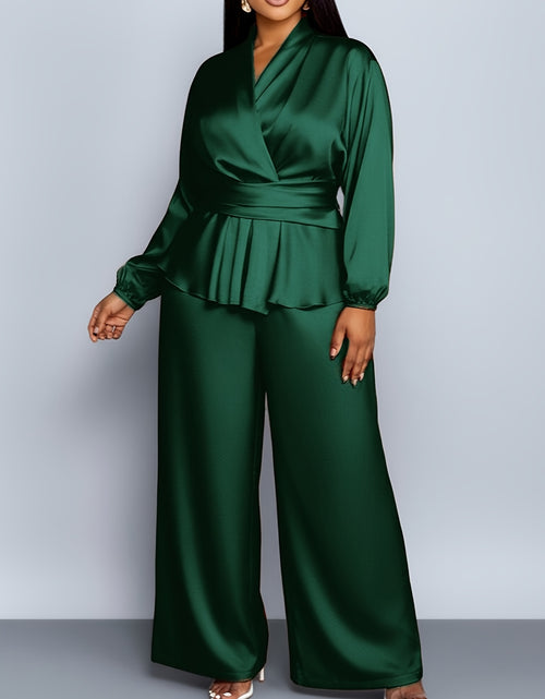 Load image into Gallery viewer, Plus Size, Plus - Size Women&#39;s Satin V - Neck Top &amp; Wide - Leg Pants Two - Piece Set |The waist design adds layers Very Fashionable
