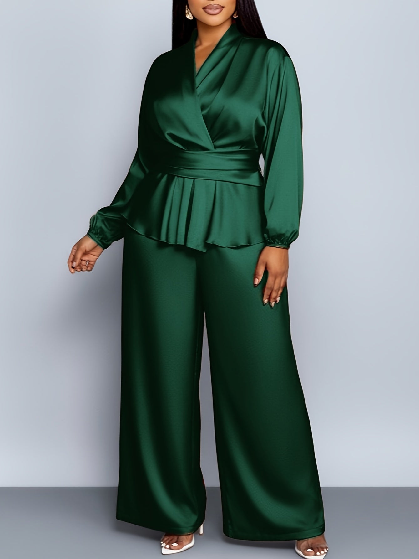 Plus Size, Plus - Size Women's Satin V - Neck Top & Wide - Leg Pants Two - Piece Set |The waist design adds layers Very Fashionable