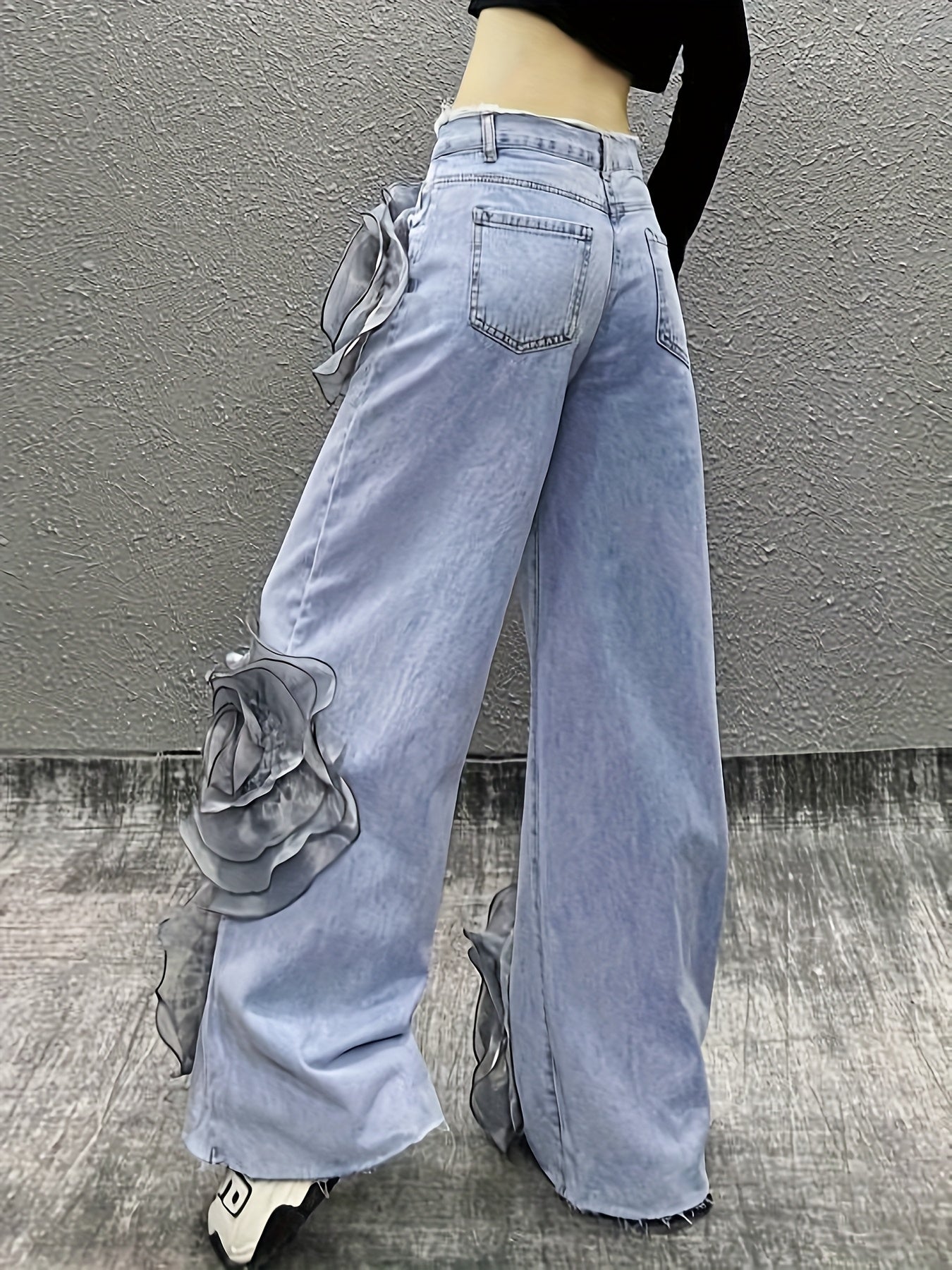 Women Mid-Waist Wide-Leg Jeans, Adorned with 3D Flowers And Pearl Pendant Chains, Are Stylish And Versatile Denim Pants Suitable for All Seasons And Various Occasions