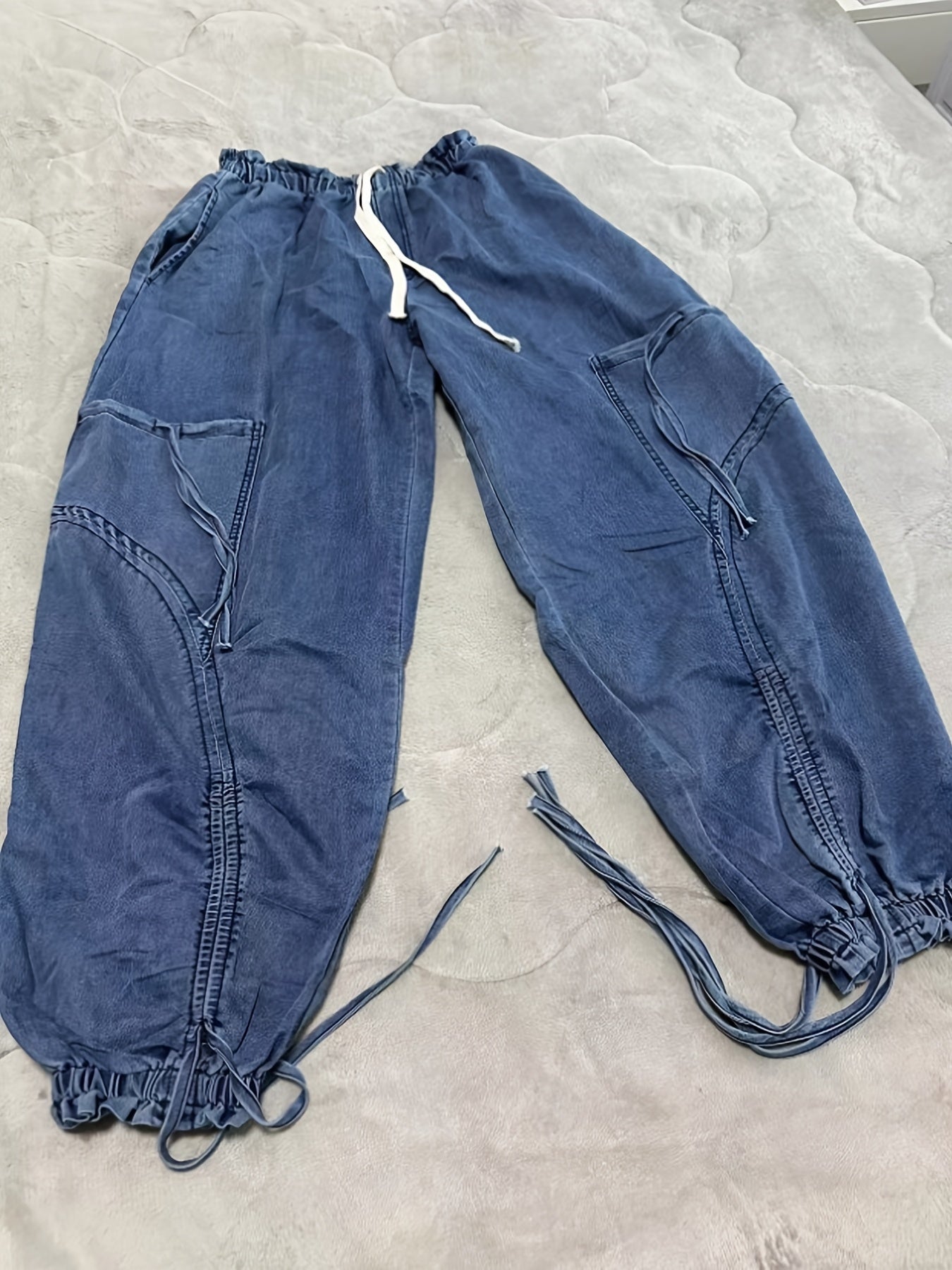 [Y2k Barrel Jeans] High Waist  Women Loose Barrel Jeans - Drawstring Bow Tie Cargo Vintage Wide Leg Ankle Denim Joggers