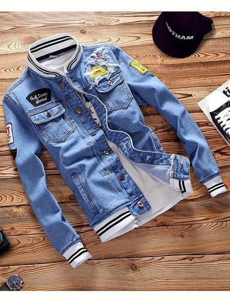 Men Vintage Distressed Denim Jacket - Slim Fit Biker Streetwear with Embroidered Design, Classic Baseball Uniform Style, Blue Casual Jacket for Trendy Outfits