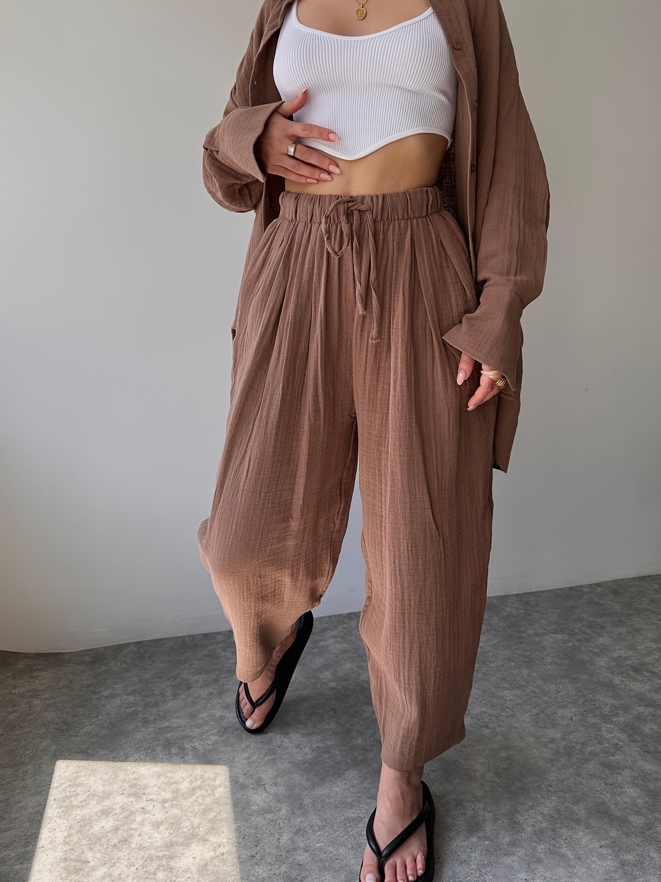 Two-piece Women's Simple Niche Lapel Long-sleeved Shirt High-Waisted Pants Fashion Suit