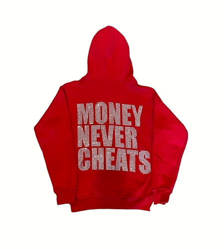 Women's Y2K  Hoodie with "MONEY NEVER CHEATS" Rhinestone Lettering - Emerald Green Zip-Up Sweatshirt, Front & Back Sparkling Diamond Print, Machine Washable Regular Fit, All season Sweatshirt