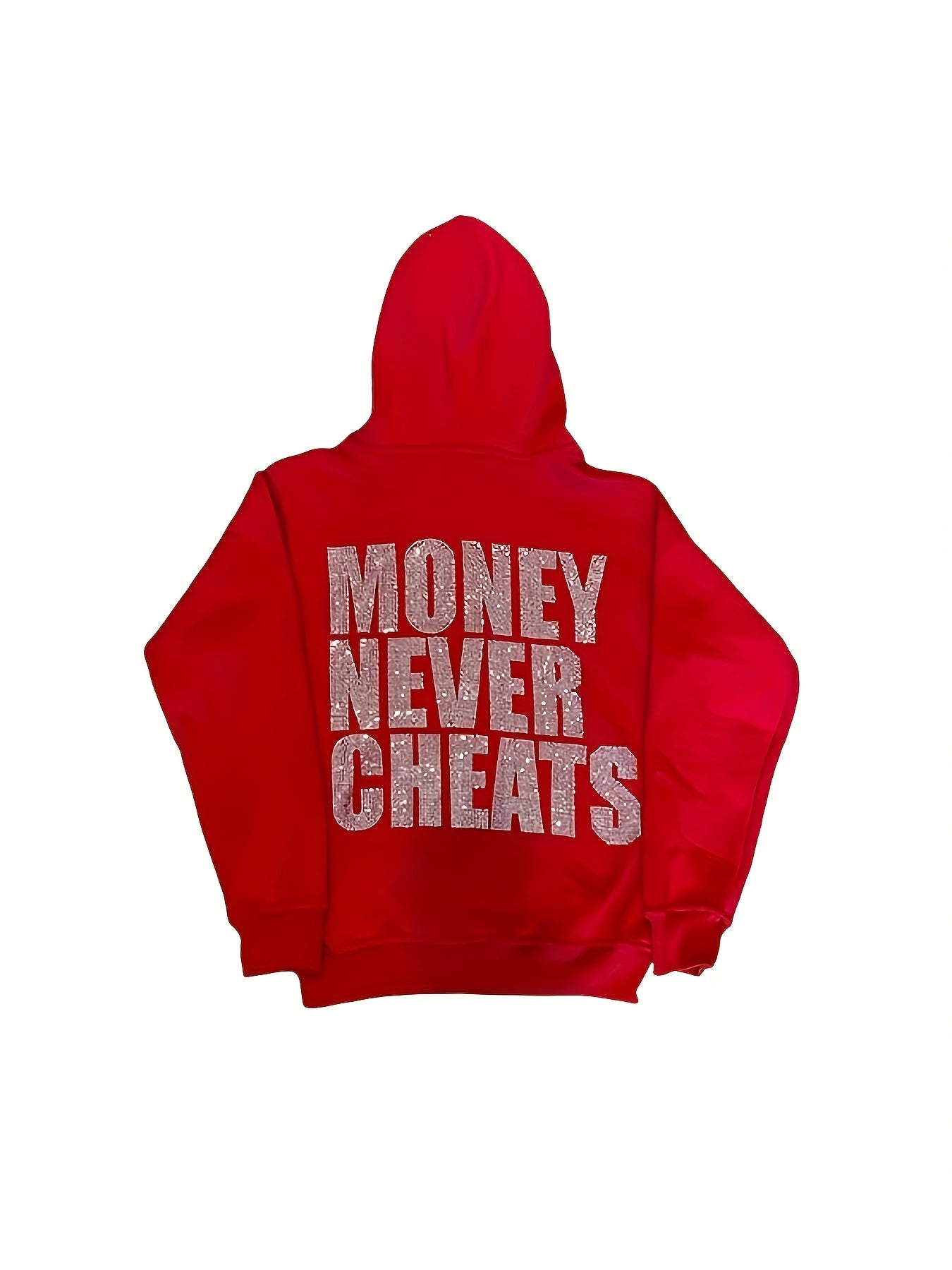 Women's Y2K  Hoodie with "MONEY NEVER CHEATS" Rhinestone Lettering - Emerald Green Zip-Up Sweatshirt, Front & Back Sparkling Diamond Print, Machine Washable Regular Fit, All season Sweatshirt