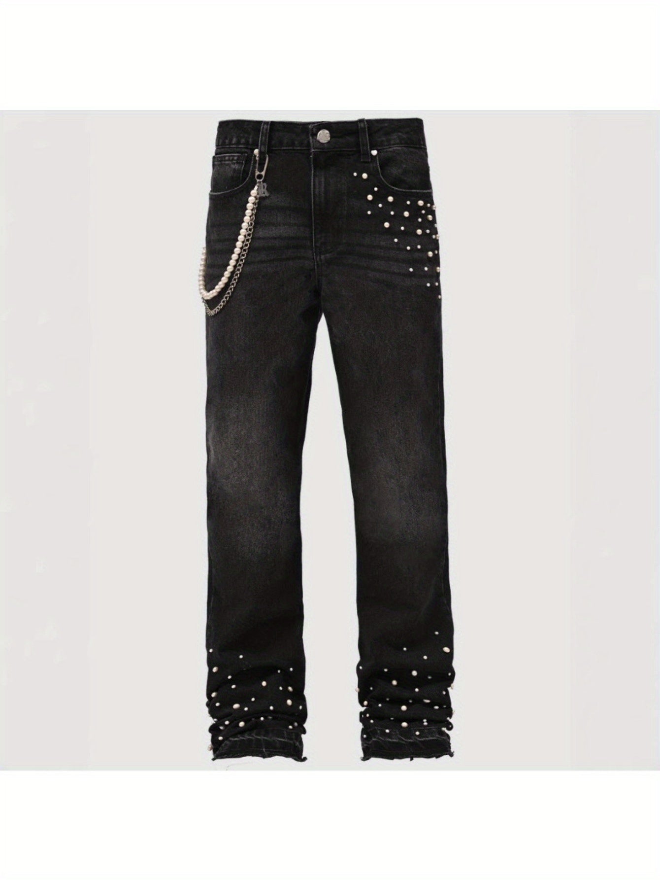 Men Slim-Fit Stretch Denim Jeans with Raw Hem & Metallic Accents -  Light Blue & Black, Comfortable & Stylish for Casual Attire, Versatile Clothing, Trendy Streetwear, Durable Fabric