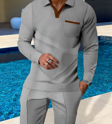 Breathable Lightweight Polyester Knit Set - Men's Casual Long Sleeve Lapel Collar Pullovers with Pockets, Slight Stretch, Regular Fit for Spring - Includes Belt, 100% Polyester