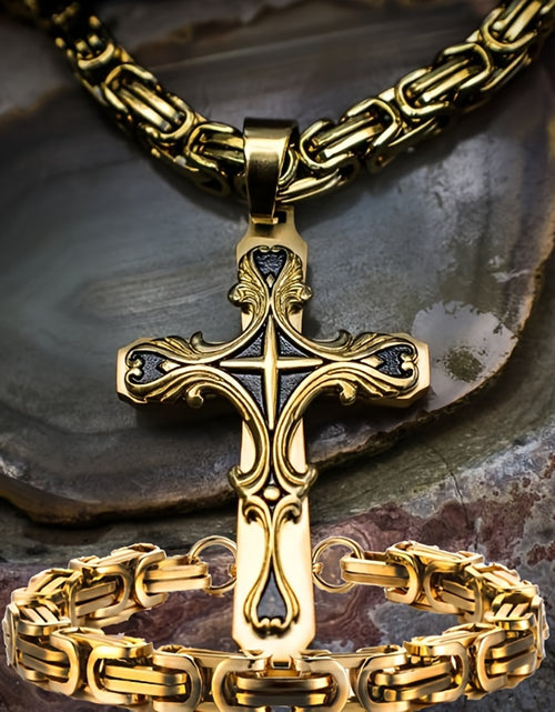 Load image into Gallery viewer, Men Stainless Steel Cross Necklace Set 2pcs Cuban Chain with Cross Pendant Retro Fashion Jewelry for Men
